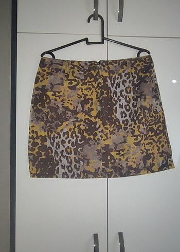 Mudo Kahverengi Sarı Leopar Desenli Mini Etek