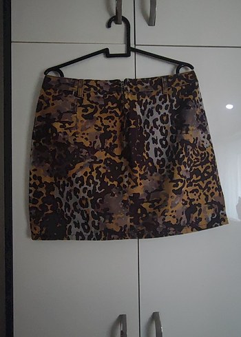 Kahverengi Sarı Leopar Desenli Mini Etek
