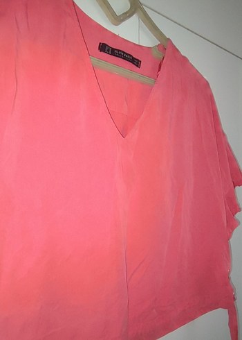36 Beden Pembe V Yaka Keten Mini Bluz