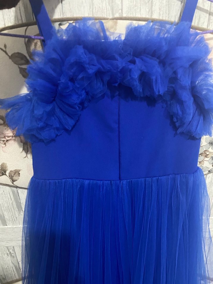 Mavi Uzun Fırfırlı Abiye Elbise ve gelinlik - Görsel 3