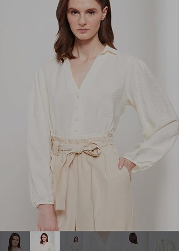 Düğmeli Beyaz Keten V Yakalı Kadın Gömlek - Görsel 3