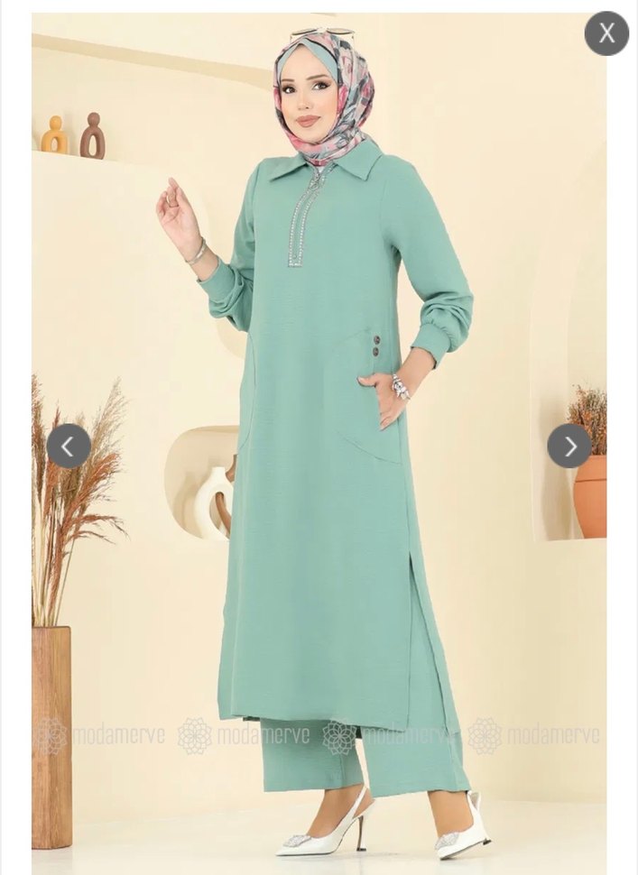 Yeşil Nakışlı Uzun Kollu Kadın Tunik - Görsel 2