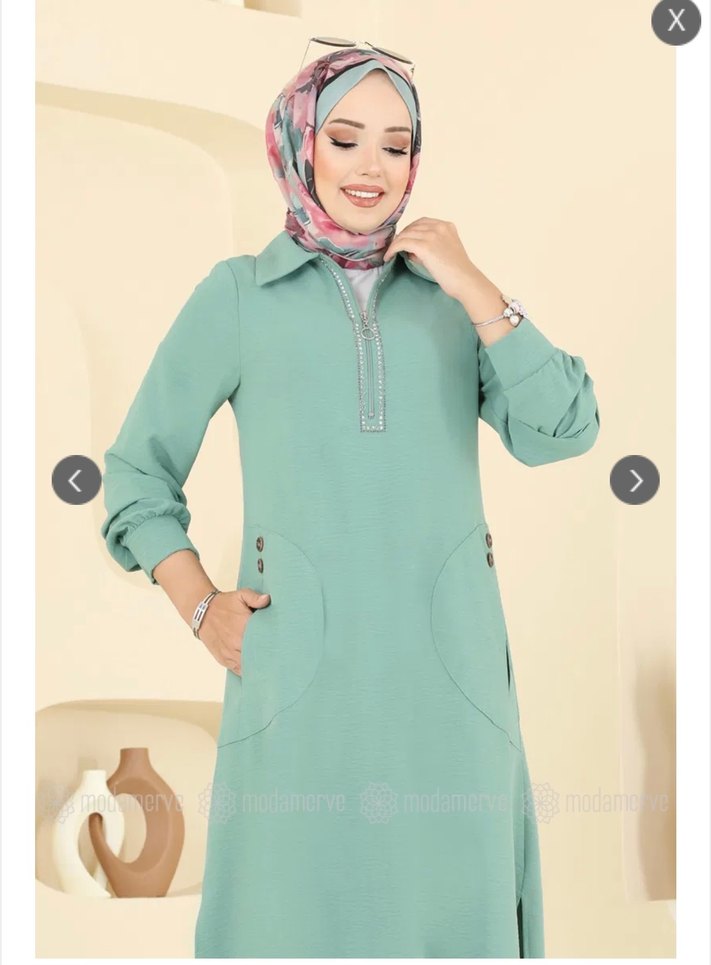 Yeşil Nakışlı Uzun Kollu Kadın Tunik - Görsel 5