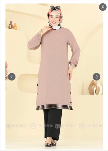 Düğmeli Uzun Kollu Bej Kadın Tunik takım - Görsel 4