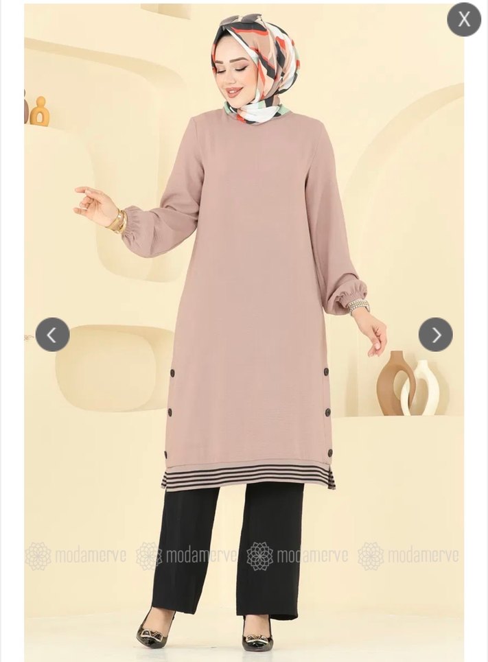 Düğmeli Uzun Kollu Bej Kadın Tunik takım - Görsel 2