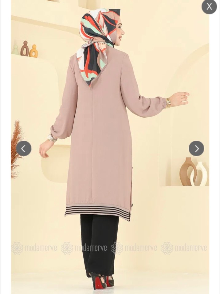 Düğmeli Uzun Kollu Bej Kadın Tunik takım - Görsel 5