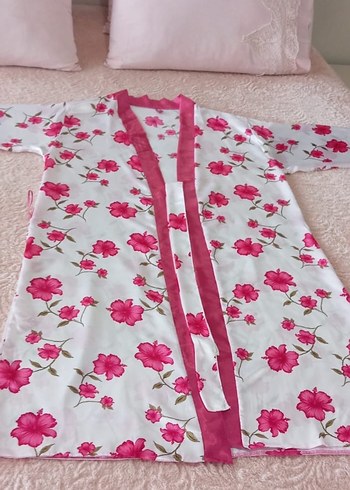 Pembe Saten Midi Kadın Gecelik sabahlık takımı - Görsel 3