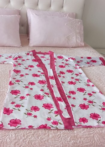 Pembe Saten Midi Kadın Gecelik sabahlık takımı - Görsel 6