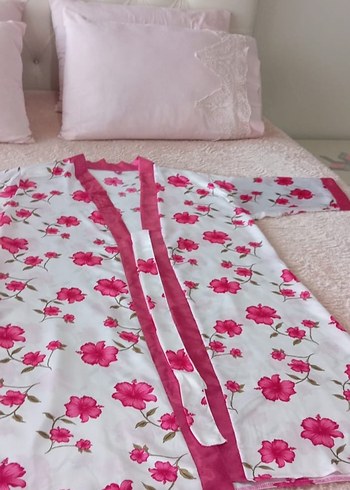 Pembe Saten Midi Kadın Gecelik sabahlık takımı - Görsel 5