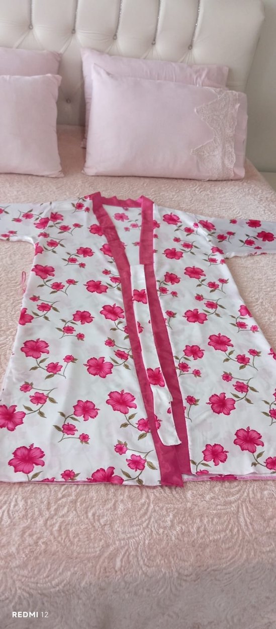 Pembe Saten Midi Kadın Gecelik sabahlık takımı - Görsel 3