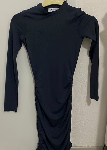 Uzun Kollu Siyah Drape Detaylı Kadın Triko Elbise