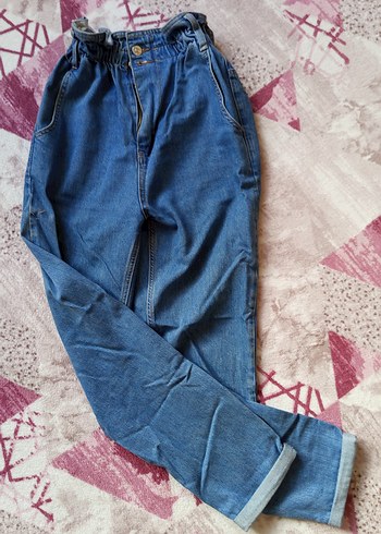 Düğmeli Mavi Bol Kesim Kadın Kot Pantolon mom jean