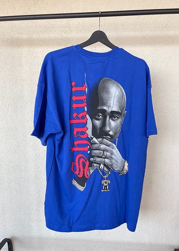 Diğer Mavi Oversize Erkek Tişört Shakur Baskılı