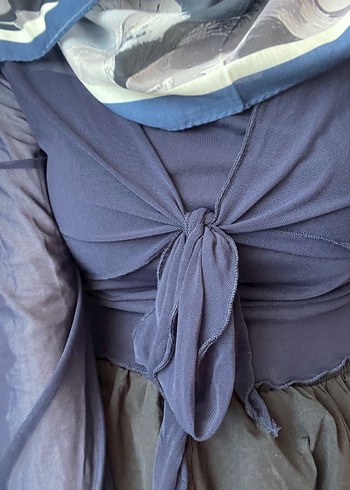 Sheinside Lacivert Fırfırlı V Yaka Uzun Kollu Bluz