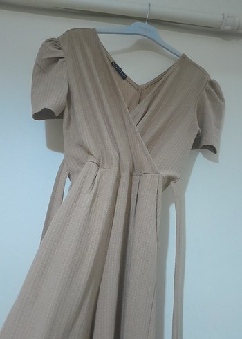 Kadın Bej Keten Uzun Tulum V Yakalı - Görsel 4