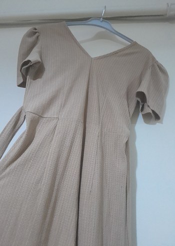 Kadın Bej Keten Uzun Tulum V Yakalı - Görsel 2