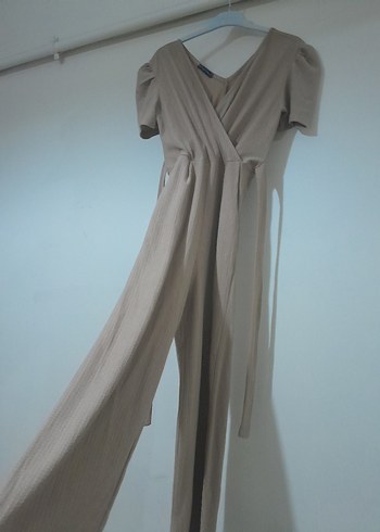 Kadın Bej Keten Uzun Tulum V Yakalı - Görsel 3