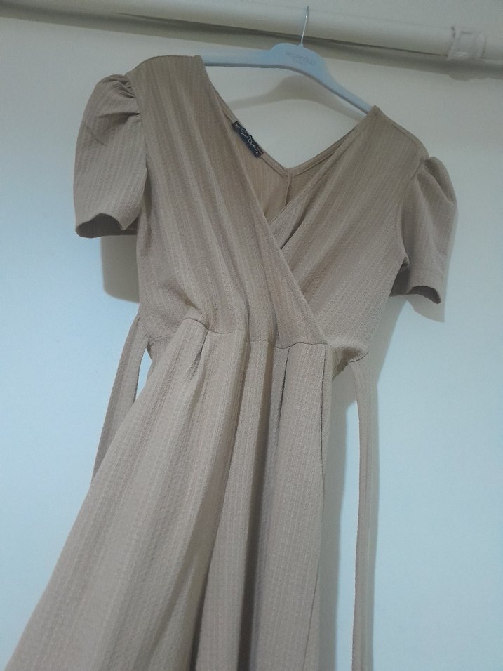 Kadın Bej Keten Uzun Tulum V Yakalı - Görsel 4