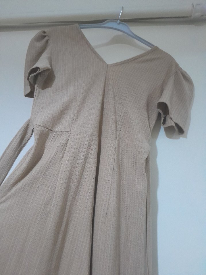 Kadın Bej Keten Uzun Tulum V Yakalı - Görsel 2