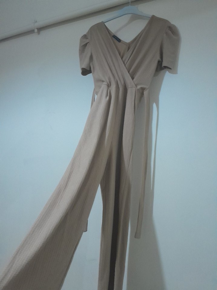 Kadın Bej Keten Uzun Tulum V Yakalı - Görsel 3