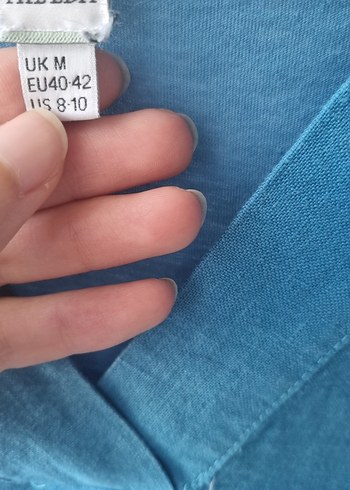 m Beden Mavi Keten V Yaka Kadın Gömlek