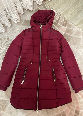 Bordo Kadın Kışlık Kürklü Midi Mont - Görsel 4