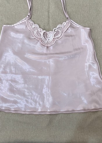 Diğer Pudra Parlak Nakışlı Kadın Mini Saten Pijama Takımı