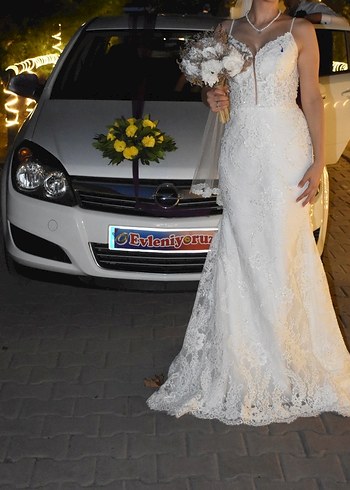 Balık model Uzun Beyaz Gelinlik- Fransız danteli - Görsel 4