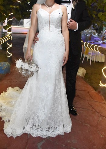 Balık model Uzun Beyaz Gelinlik- Fransız danteli - Görsel 3