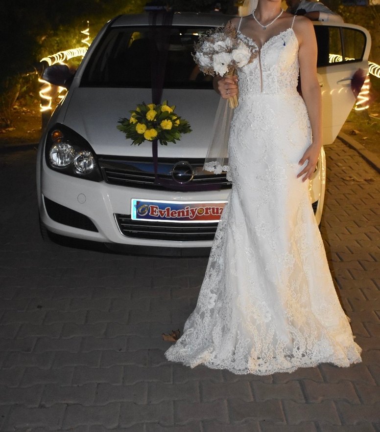 Balık model Uzun Beyaz Gelinlik- Fransız danteli - Görsel 4