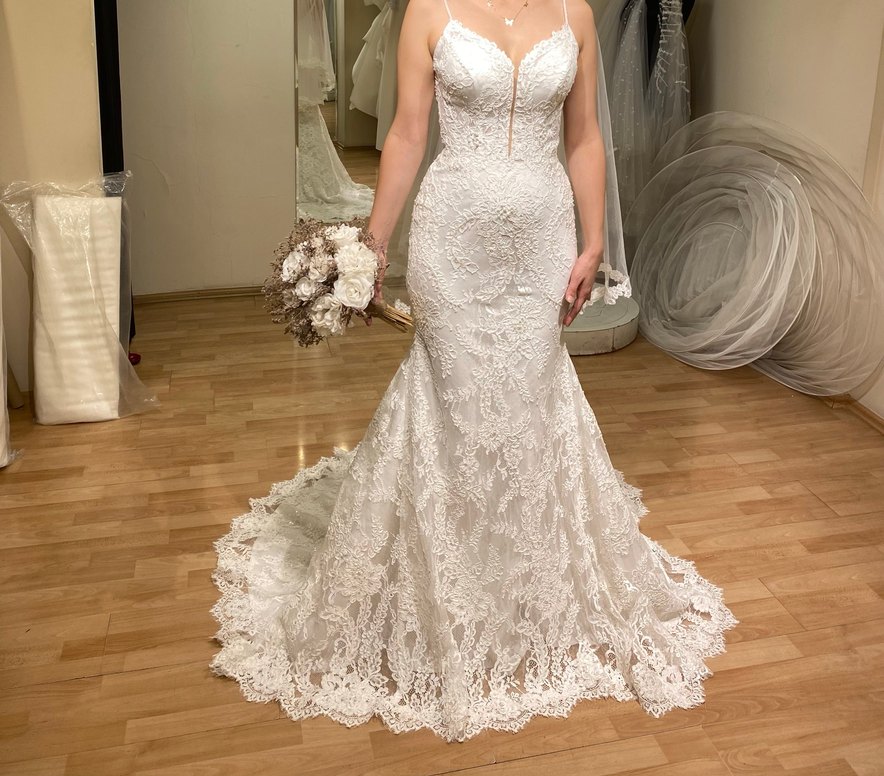 Balık model Uzun Beyaz Gelinlik- Fransız danteli - Görsel 2