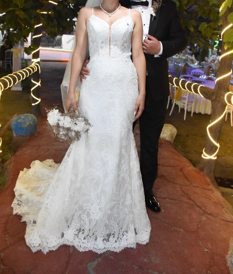 Balık model Uzun Beyaz Gelinlik- Fransız danteli - Görsel 3