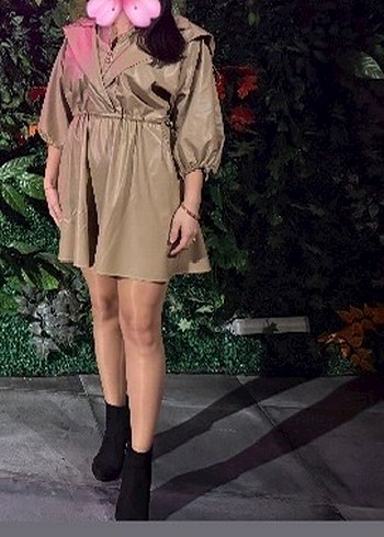 Bej Deri Midi Kadın Elbise - Görsel 2