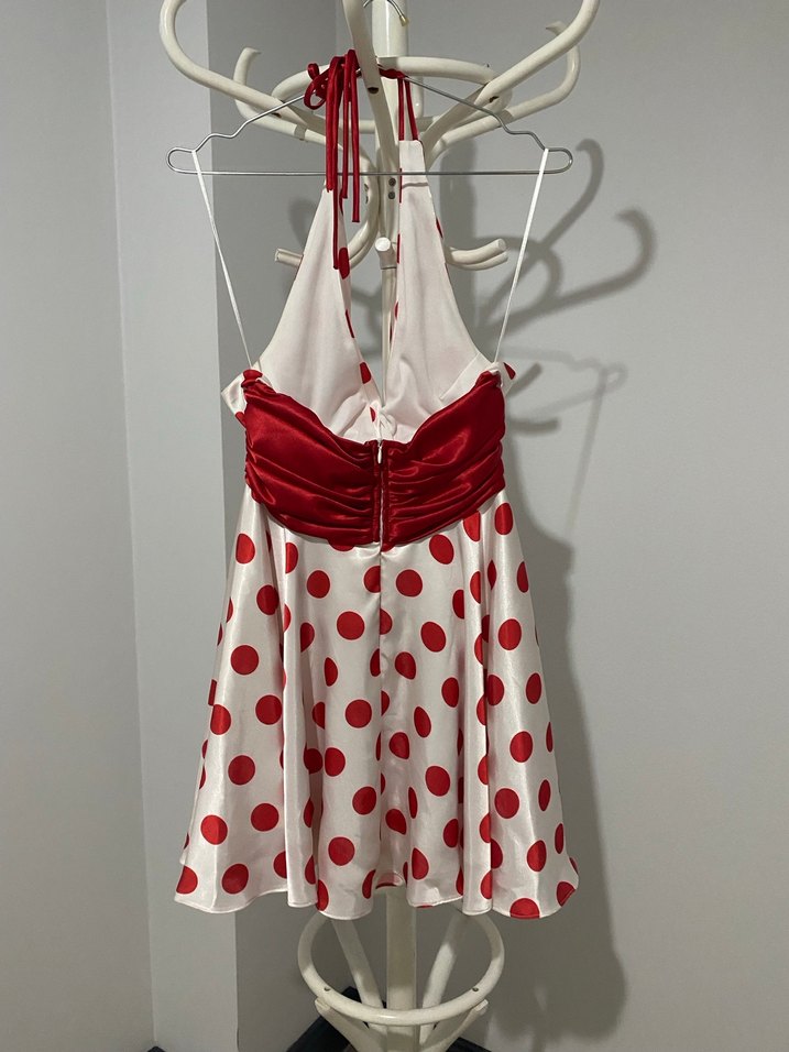 Kırmızı Puantiyeli Mini Halter Elbise - Görsel 2