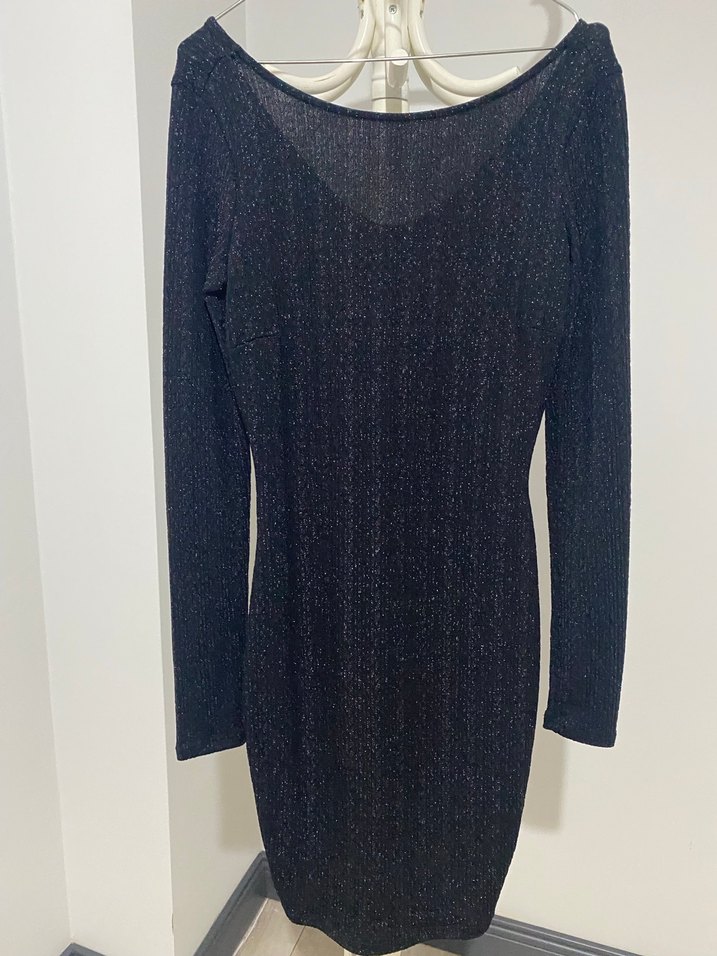 Siyah V Yaka Uzun Kollu Triko Midi Elbise - Görsel 3