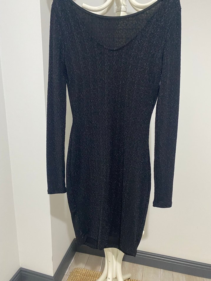 Siyah V Yaka Uzun Kollu Triko Midi Elbise - Görsel 2