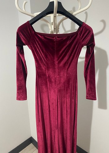 Bordo Uzun Kadın Elbise Drapeli ve Kadife - Görsel 2