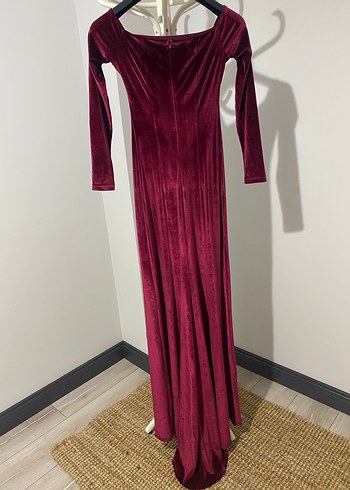 Bordo Uzun Kadın Elbise Drapeli ve Kadife - Görsel 4