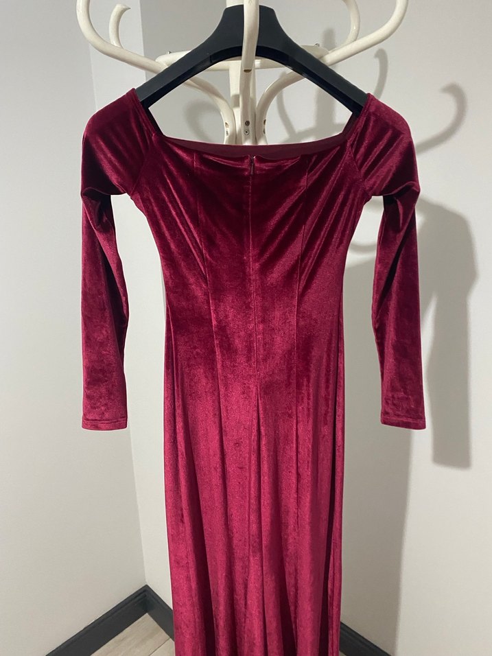 Bordo Uzun Kadın Elbise Drapeli ve Kadife - Görsel 2