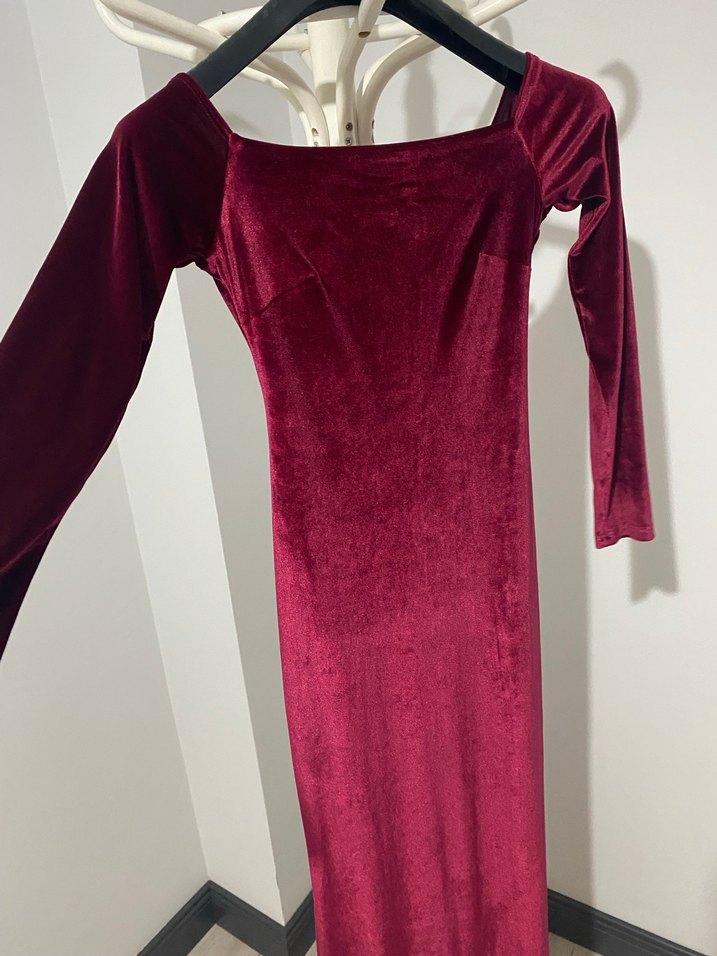 Bordo Uzun Kadın Elbise Drapeli ve Kadife - Görsel 3