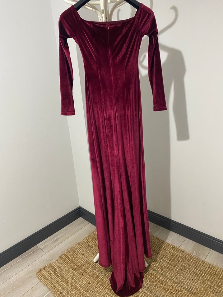 Bordo Uzun Kadın Elbise Drapeli ve Kadife - Görsel 4