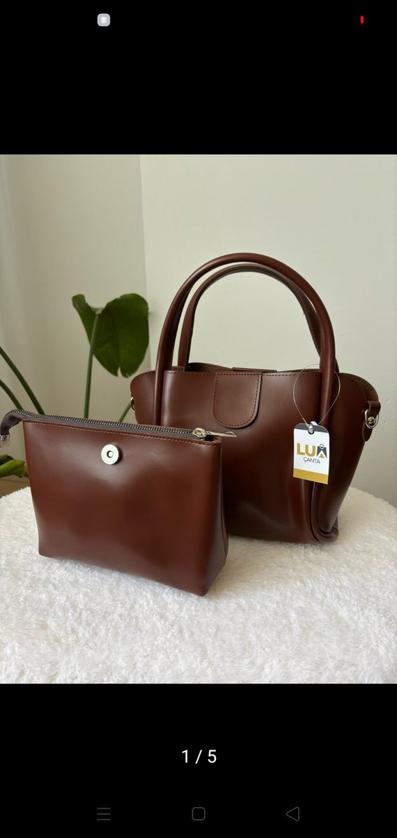 Kahverengi Deri Kadın Çanta Seti - Görsel 2