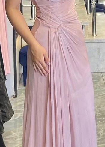 Pudra Pembe Drapeli Uzun Abiye Elbise - Görsel 6