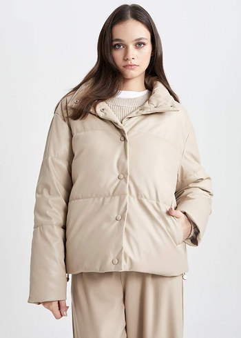 Bej Düğmeli Deri Kadın Ceket - Görsel 6