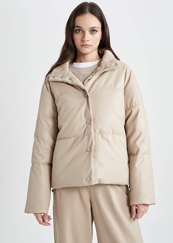 Bej Düğmeli Deri Kadın Ceket - Görsel 5