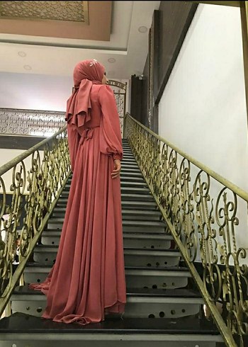 Somon rengi Uzun Pilili Kadın Elbise - Görsel 2