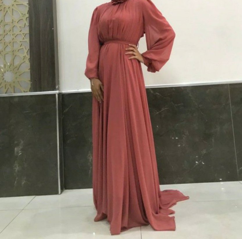 Somon rengi Uzun Pilili Kadın Elbise - Görsel 4