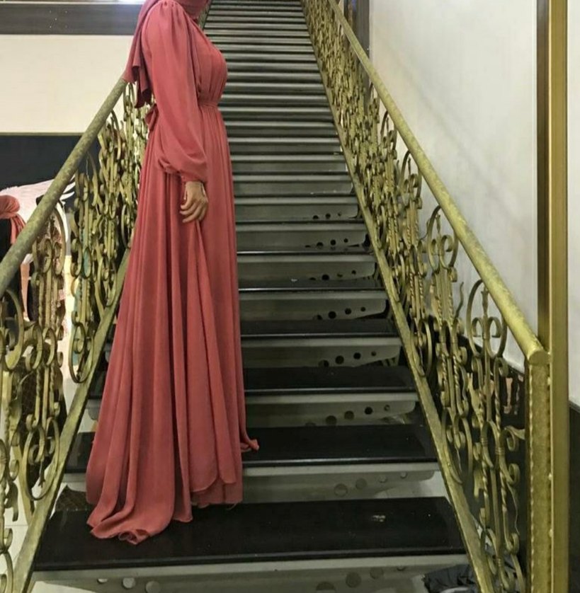 Somon rengi Uzun Pilili Kadın Elbise - Görsel 3