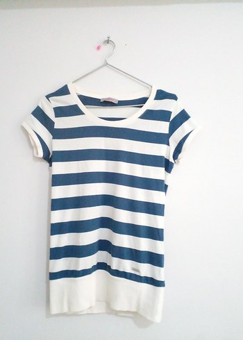 Mavi Beyaz Çizgili Kadın Tişört - Görsel 3