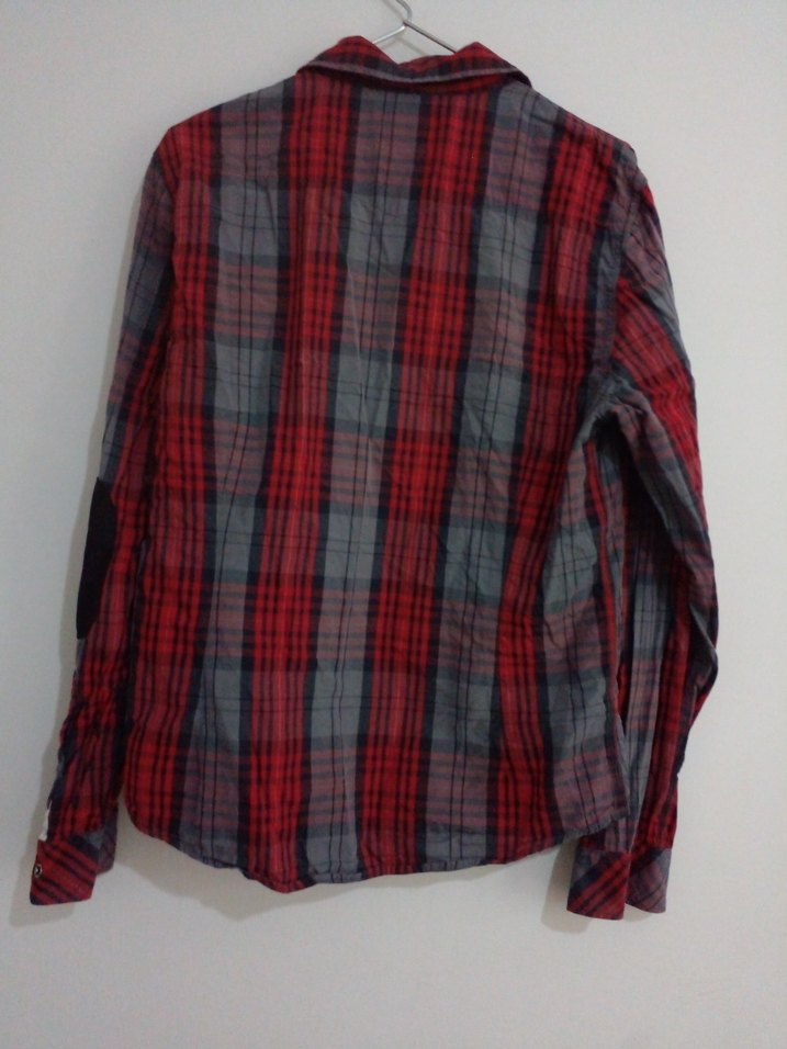 Düğmeli Uzun Kollu Gri-Kırmızı Gömlek - Görsel 3